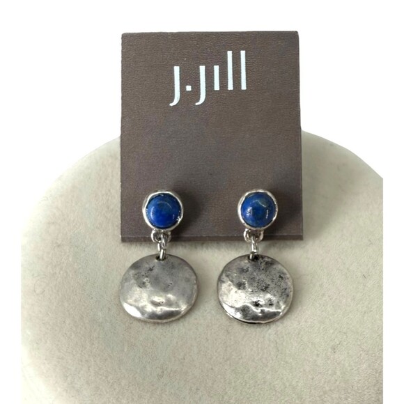 J. Jill Post Drop Earrings Indigo Blue Skies Bead Hammered Disk Silver Tone NWT - Picture 2 of 7